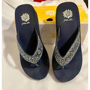 Yellow Box Selma Navy Blue Embellished Platform Wedge Flip Flops Sandals  8.5